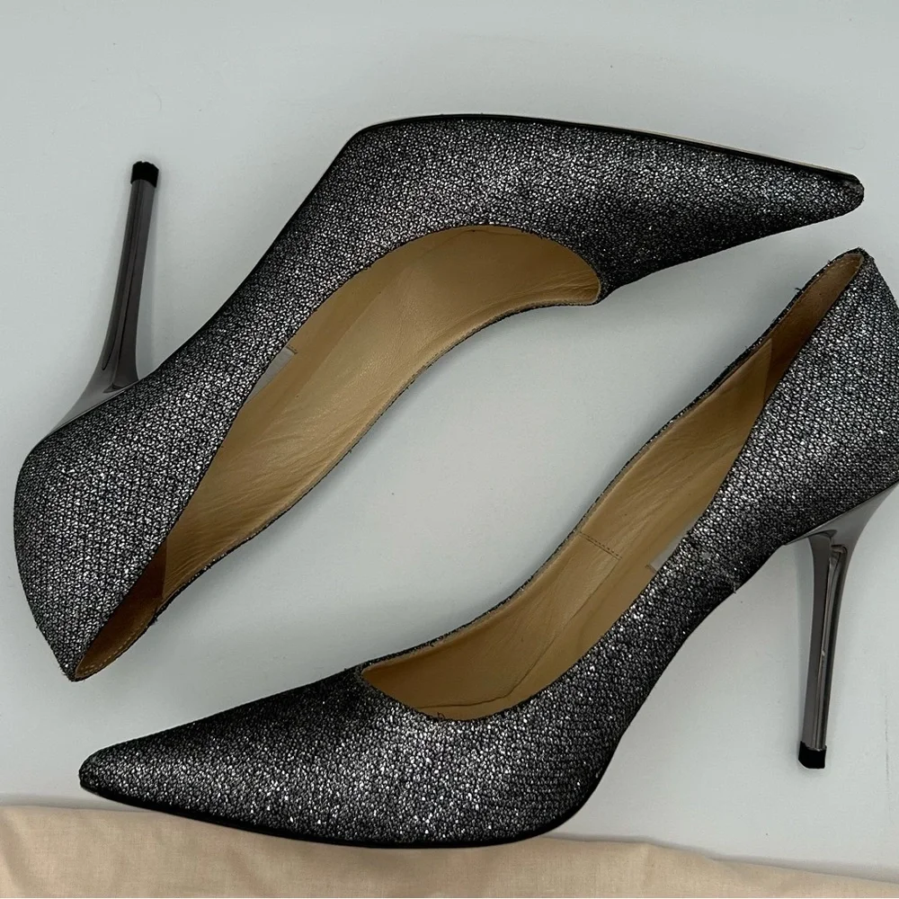 Jimmy Choo Sz 38.5 Shoes Silver Grey Glitter Women's Heels - Picture 4 of 11